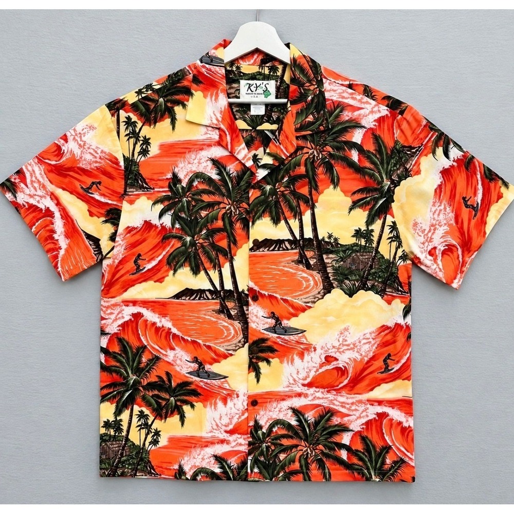 VTG KY'S Made in Hawaii Aloha Shirt Mens XL Surfing Big Wave Diamond Head